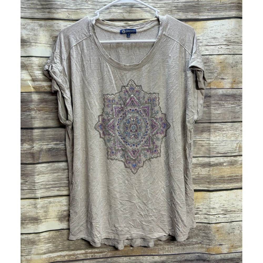 Democracy Tan Short Sleeve Shirt Top Womens Large Bohemian Embroidered Mandala
